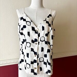 NEW H&M Button Up Strappy Black White Geometric Linen Tank Top Women's M NWT